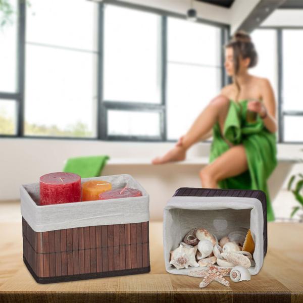 6er-Set Aufbewahrungskörbe aus Bambus - 4 Grössen & Stoffbezug - Braun, stabil, feuchtigkeitsresistent - Ideal für Wohn-, Bad- & Kinderzimmer Deko