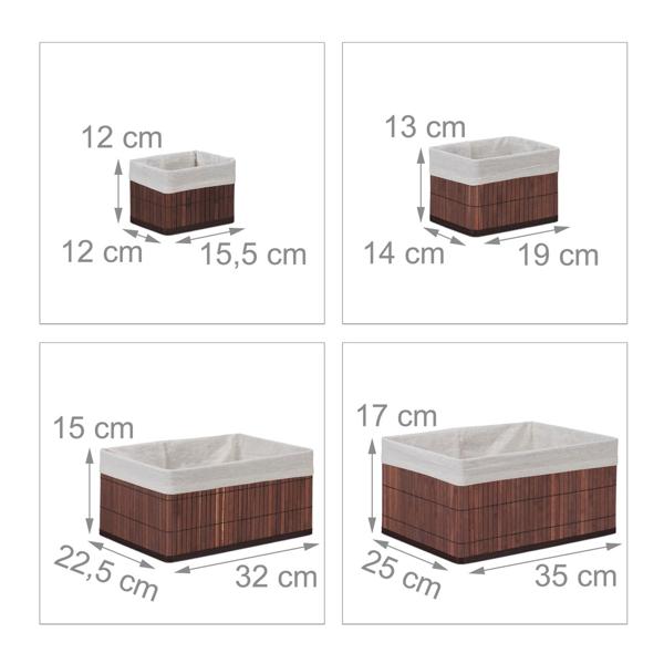 6er-Set Aufbewahrungskörbe aus Bambus - 4 Grössen & Stoffbezug - Braun, stabil, feuchtigkeitsresistent - Ideal für Wohn-, Bad- & Kinderzimmer Deko