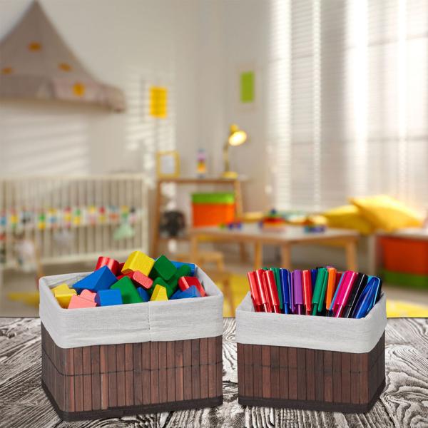 6er-Set Aufbewahrungskörbe aus Bambus - 4 Grössen & Stoffbezug - Braun, stabil, feuchtigkeitsresistent - Ideal für Wohn-, Bad- & Kinderzimmer Deko