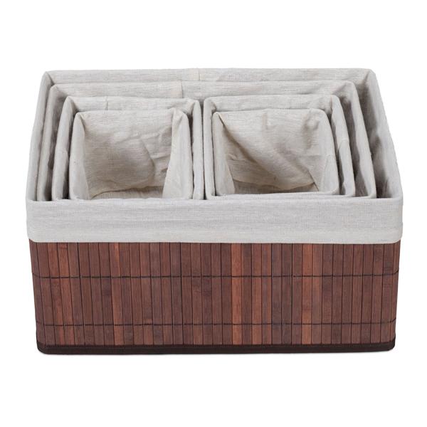 6er-Set Aufbewahrungskörbe aus Bambus - 4 Grössen & Stoffbezug - Braun, stabil, feuchtigkeitsresistent - Ideal für Wohn-, Bad- & Kinderzimmer Deko