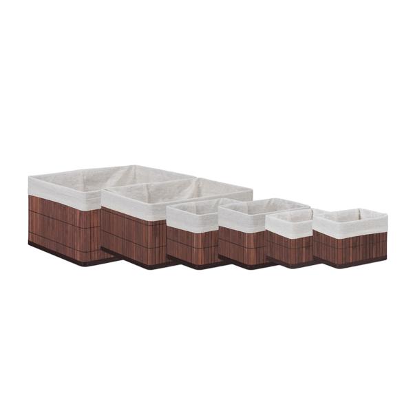 6er-Set Aufbewahrungskörbe aus Bambus - 4 Grössen & Stoffbezug - Braun, stabil, feuchtigkeitsresistent - Ideal für Wohn-, Bad- & Kinderzimmer Deko