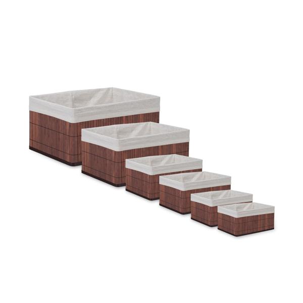 6er-Set Aufbewahrungskörbe aus Bambus - 4 Grössen & Stoffbezug - Braun, stabil, feuchtigkeitsresistent - Ideal für Wohn-, Bad- & Kinderzimmer Deko
