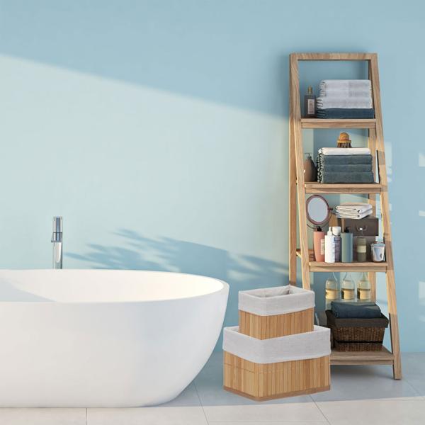 6er Bambus Aufbewahrungskorb Set - 4 Grössen - Stoffbezug, Natur - Stapelbar mit Griffen - Ideal für Wohnzimmer, Bad, Kinderzimmer
