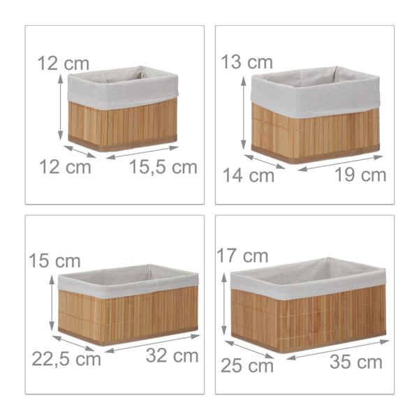 6er Bambus Aufbewahrungskorb Set - 4 Grössen - Stoffbezug, Natur - Stapelbar mit Griffen - Ideal für Wohnzimmer, Bad, Kinderzimmer