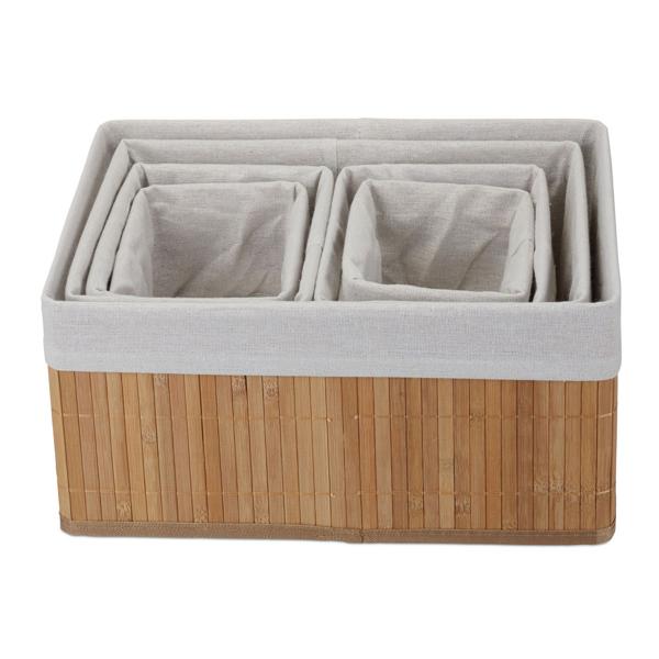 6er Bambus Aufbewahrungskorb Set - 4 Grössen - Stoffbezug, Natur - Stapelbar mit Griffen - Ideal für Wohnzimmer, Bad, Kinderzimmer