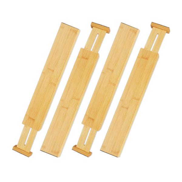 4er-Set Schubladentrenner Bambus - Schubladeneinteiler mit Spannfedern & Vlies - Flexible Länge - 6x1.5x55cm braun - für Küche, Büro, Bad