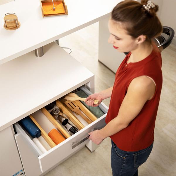 4er-Set Schubladentrenner Bambus - Schubladeneinteiler mit Spannfedern & Vlies - Flexible Länge - 6x1.5x55cm braun - für Küche, Büro, Bad
