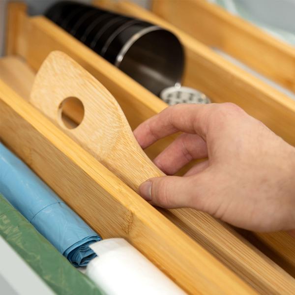4er-Set Schubladentrenner Bambus - Schubladeneinteiler mit Spannfedern & Vlies - Flexible Länge - 6x1.5x55cm braun - für Küche, Büro, Bad