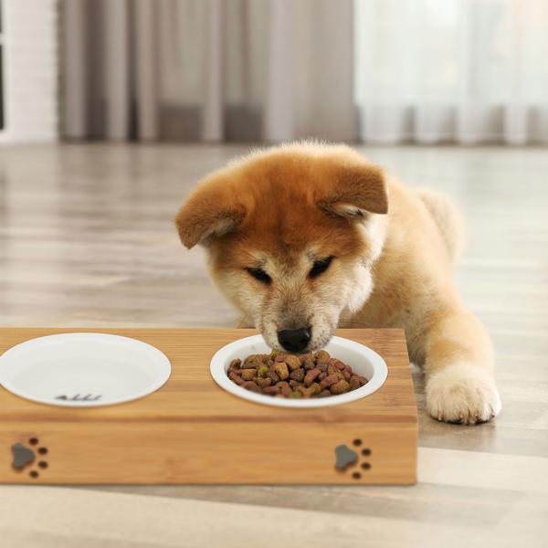Doppelter Futternapf mit Bambusständer - 2 Keramik-Näpfe - Erhöhte Futterstation, ergonomisch & hygienisch für Hunde & Katzen - 5,5x29,5x14cm