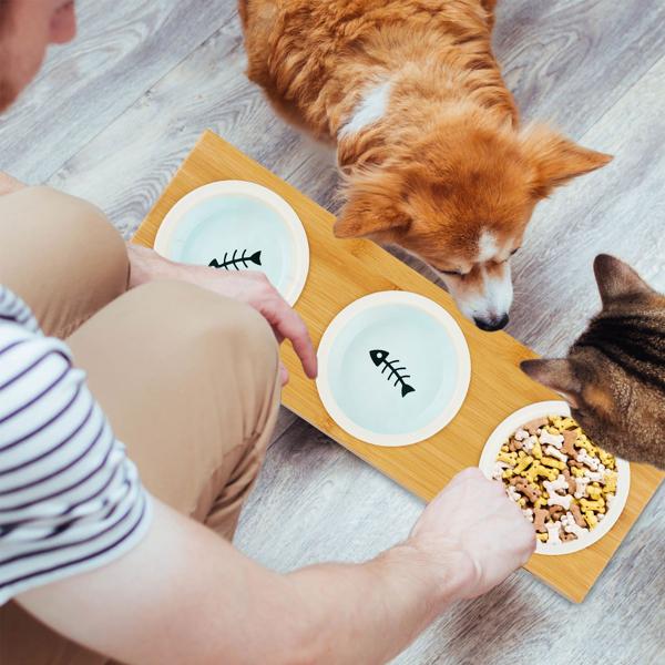 Doppelter Futternapf mit Bambusständer - 2 Keramik-Näpfe - Erhöhte Futterstation, ergonomisch & hygienisch für Hunde & Katzen - 5,5x29,5x14cm
