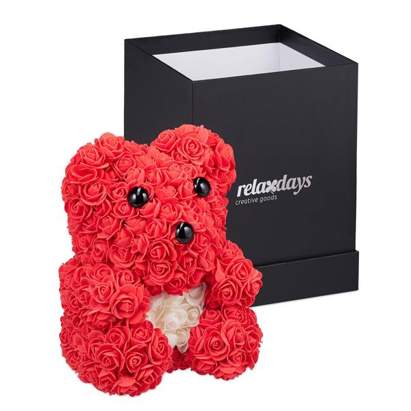 Rosenbär mit Kunstblüten aus Kunststoff - Rosenteddy Geschenk für Valentins-, Hochzeits- & Jahrestag - 28cm hoch - Inkl. Geschenkbox