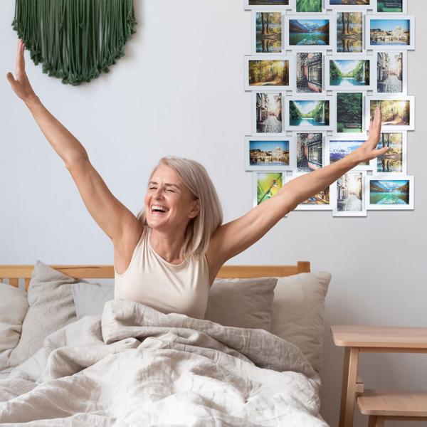 Bilderrahmen Collage für 24 Fotos - Multi Fotorahmen zum Aufhängen Hoch-/Querformat - Weiss - 59x86x2,5cm - Kunststoff/MDF - Ideal für Erinnerungen