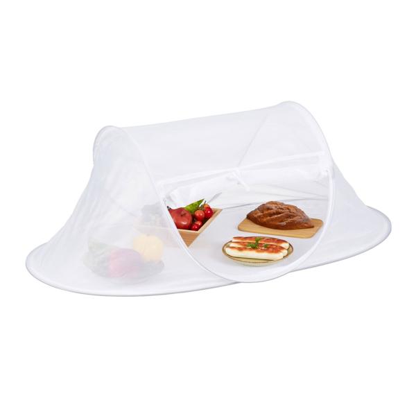 Fliegenhaube für Essen mit Boden - Pop-Up Prinzip, Schutz vor Insekten & Ungeziefer - Weiss, Polyester 40x110x58cm - Kuchen- & Grillgutabdeckung