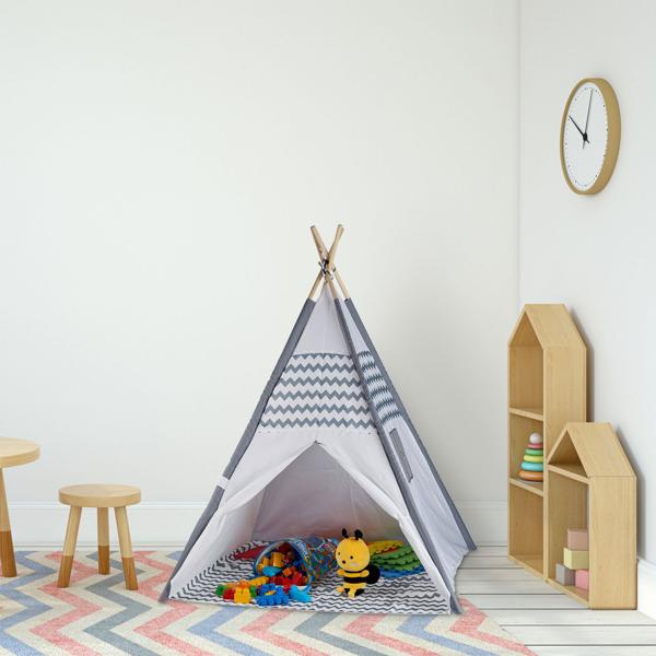 Kinder-Spielzelt Tipi-Design - Gemütliches Rückzugszelt für Jungen & Mädchen - Polyester & Holz, grau-weiss, 150x120x120cm - Ideal für Innen & Garten