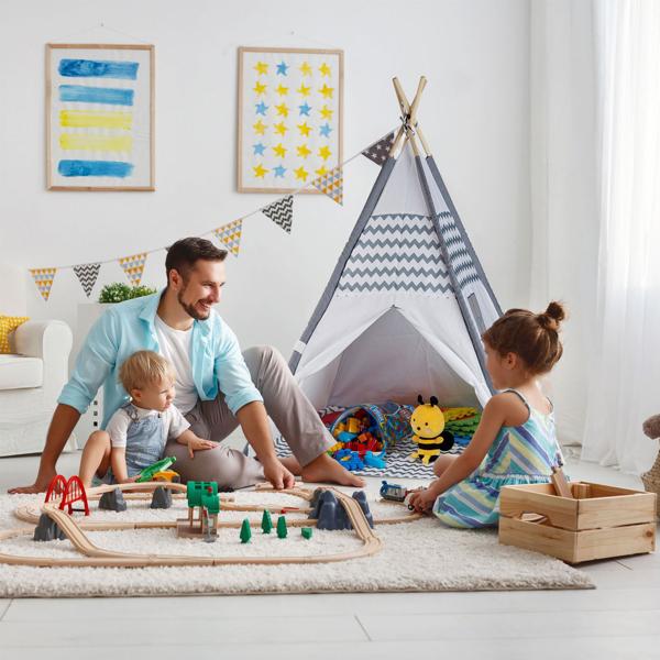 Kinder-Spielzelt Tipi-Design - Gemütliches Rückzugszelt für Jungen & Mädchen - Polyester & Holz, grau-weiss, 150x120x120cm - Ideal für Innen & Garten