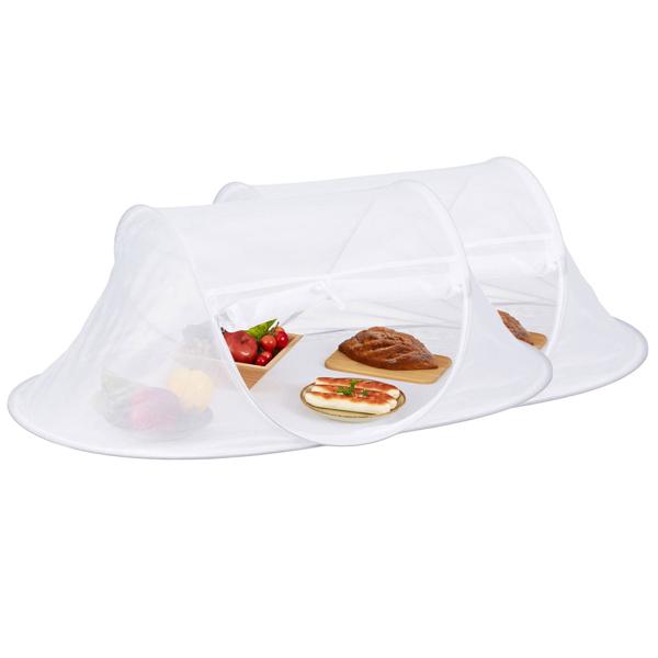 2er-Set Fliegenhauben mit Boden – Effektiver Insektenschutz für Essen – Pop-Up Prinzip, weiss – Polyester Abdeckhauben 40x110x58cm – Ideal für Gartenpartys