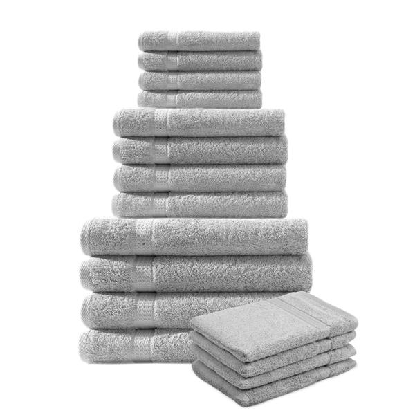 16-teiliges Frottee Handtuch-Set - Flauschig weich, saugstark, 100% Baumwolle, 500g/m² - 4 Gäste-, 4 Hand-, 4 Dusch- & 4 Waschlappen, silber - 60° waschbar