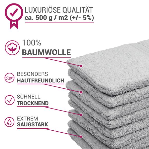 32-teiliges Handtuch-Set Frottee - 100% Baumwolle, flauschig weich & saugstark - 8 Gäste-, 8 Hand-, 8 Dusch-, 8 Waschlappen - Silber, 500g/m² - Waschbar 60°