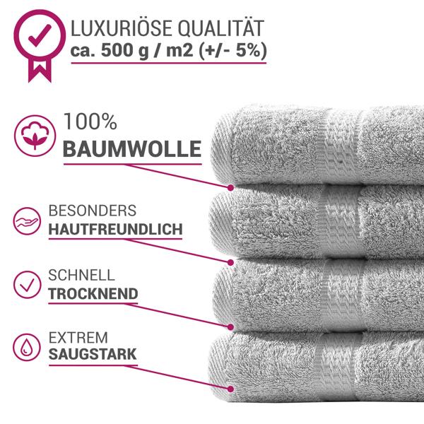 32-teiliges Frottee Handtuch-Set - Flauschig weich, saugstark & langlebig - 100% Baumwolle, 500g/m², silber - 8 Gäste-, 8 Hand-, 8 Bade-, 8 Waschlappen
