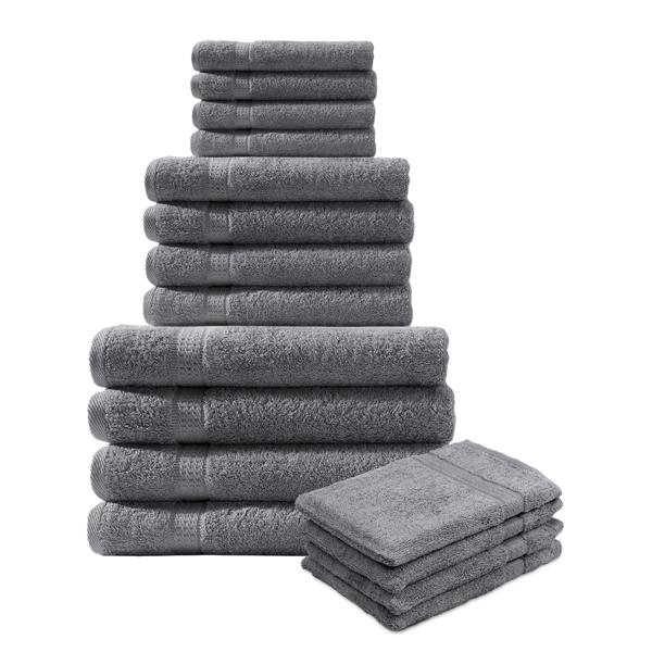 16-teiliges Frottee Handtuch-Set - Anthrazit - Flauschig weich, saugstark, 100% Baumwolle, 500 g/m² - 4 Gäste-, 4 Hand-, 4 Bade-, 4 Waschlappen