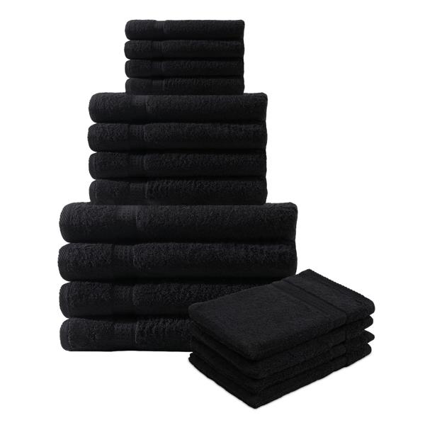 16-teiliges Handtuch-Set Frottee - Flauschig weich & saugstark - 100% Baumwolle - Schwarz - 4x Gäste-, Hand-, Bade-, Waschlappen - 500 g/m² - Waschbar 60°