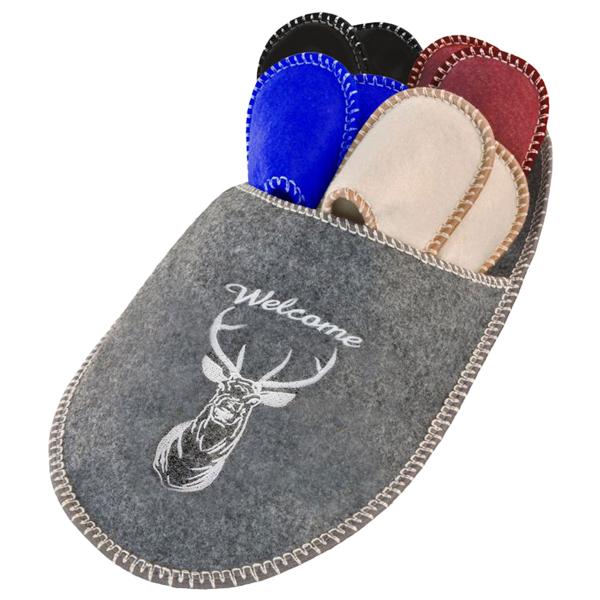 Gästefinken-Set 5 Paar Hausschuhe Welcome Hirsch - Diverse Farben Grau/Beige/Rot/Blau/Schwarz - Grössen 37-45 - Wiederverwendbar & Platzsparend