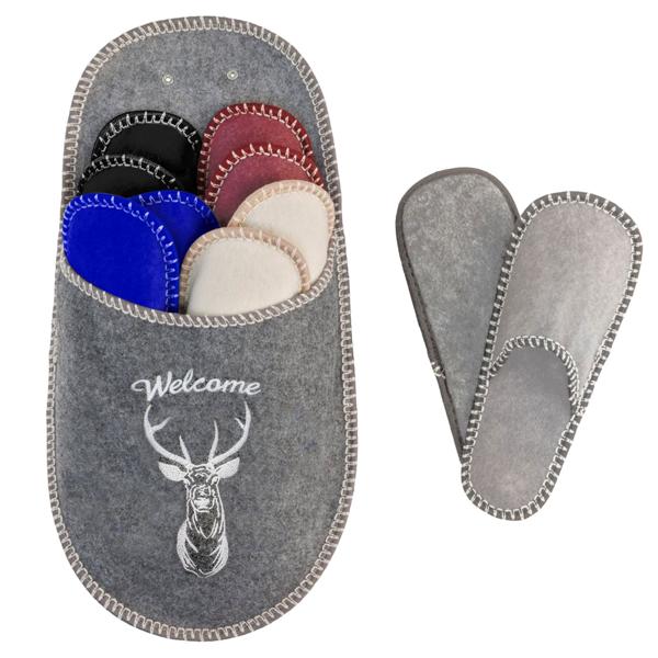Gästefinken-Set 5 Paar Hausschuhe Welcome Hirsch - Diverse Farben Grau/Beige/Rot/Blau/Schwarz - Grössen 37-45 - Wiederverwendbar & Platzsparend