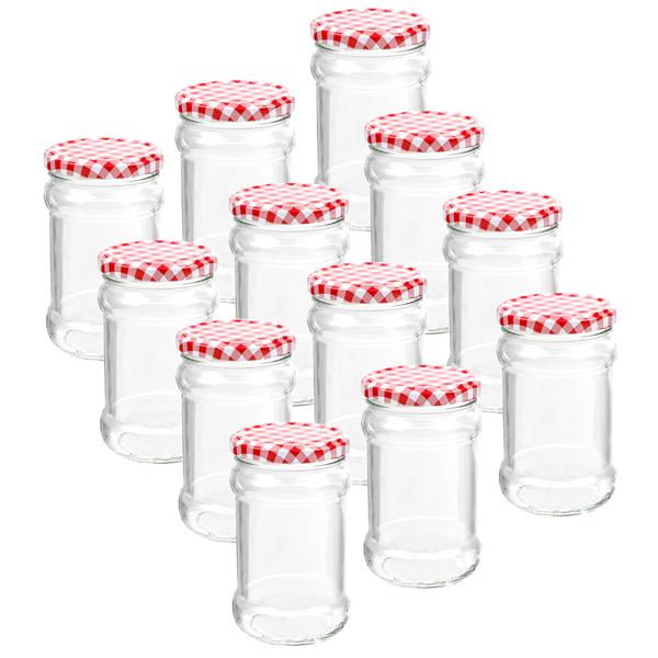 12er-Set Einmachgläser mit Schraubdeckel - Sturzgläser mit Karo-Muster je 315 ml - Luftdicht, BPA-frei - Zum Einwecken, Konservieren & Verschenken
