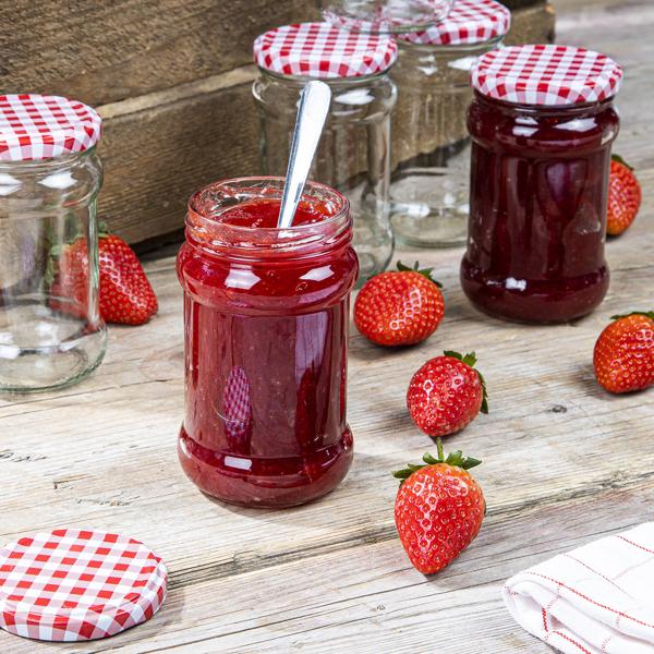 12er-Set Einmachgläser mit Schraubdeckel - Sturzgläser mit Karo-Muster je 315 ml - Luftdicht, BPA-frei - Zum Einwecken, Konservieren & Verschenken