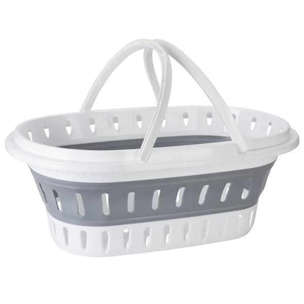 Platzsparender Falt-Wäschekorb, weiss-grau – Stabiler Kunststoff, Lochstruktur & Tragegriffe – Praktischer Wäschekorb für Zuhause