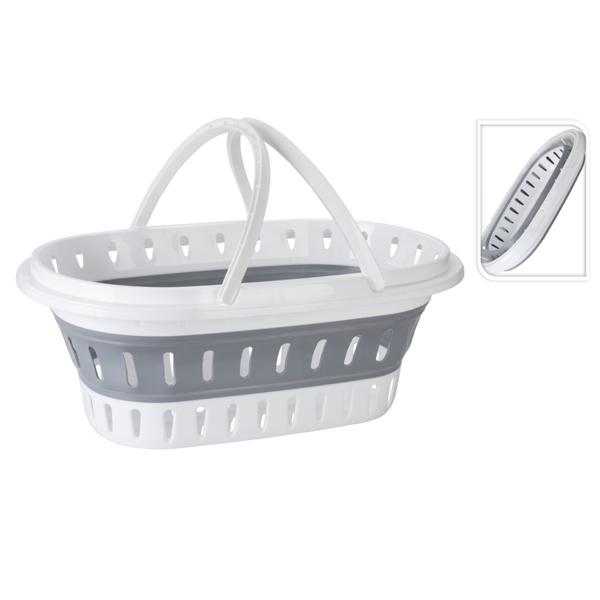 Platzsparender Falt-Wäschekorb, weiss-grau – Stabiler Kunststoff, Lochstruktur & Tragegriffe – Praktischer Wäschekorb für Zuhause