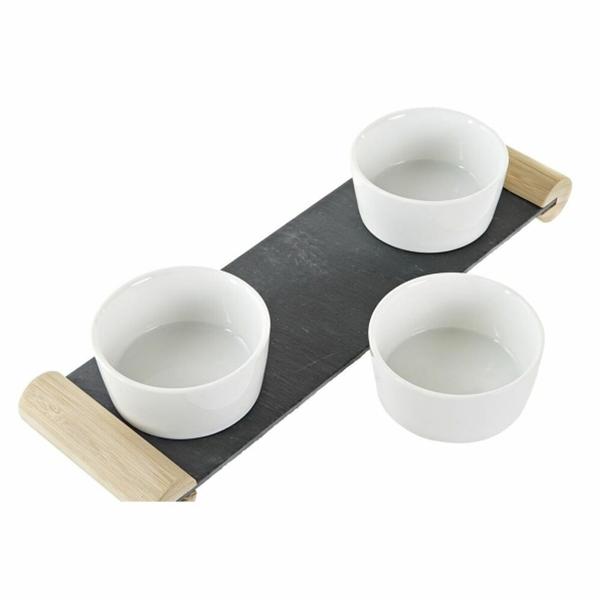 Tapas Set Holz-Keramik-Schiefer - 3 Saucenschälchen auf Servierbrett mit Holzfüssen - Vorspeisenteller für Apéro, Frühstück & Partys - Robust, leicht zu reinigen