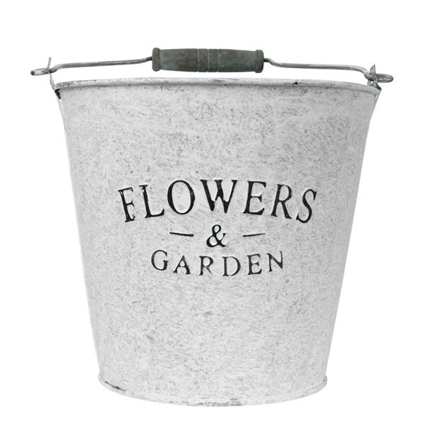 Zinkeimer mit Aufschrift Flowers and Garden - Deko Eimer mit Henkel für Pflanzen & Lagerung - Metall Verzinkt, 16.5x15x16.5 cm - Shabby Chic