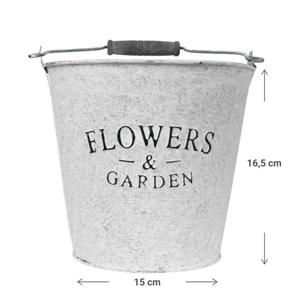 Zinkeimer mit Aufschrift Flowers and Garden - Deko Eimer mit Henkel für Pflanzen & Lagerung - Metall Verzinkt, 16.5x15x16.5 cm - Shabby Chic