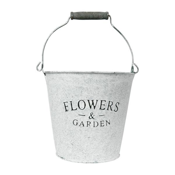 Zinkeimer mit Aufschrift Flowers and Garden - Deko Eimer mit Henkel für Pflanzen & Lagerung - Metall Verzinkt, 16.5x15x16.5 cm - Shabby Chic