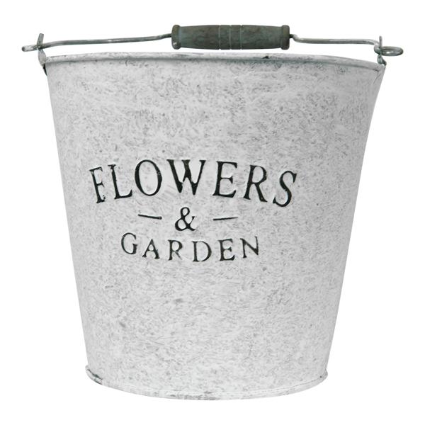 Zinkeimer mit Aufschrift Flowers and Garden - Deko Eimer mit Henkel für Pflanzen & Lagerung - Metall Verzinkt, 16.5x15x16.5 cm - Shabby Chic