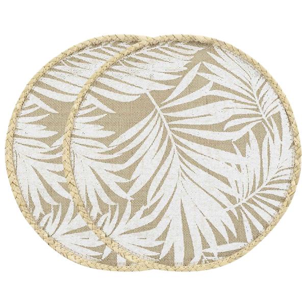 Tischsets rund Blattmuster 2er-Set - Platzdeckchen aus Jute braun/weiss - Ø 38 cm - strapazierfähig-langlebig-pflegeleicht - für Ess- & Couchtische