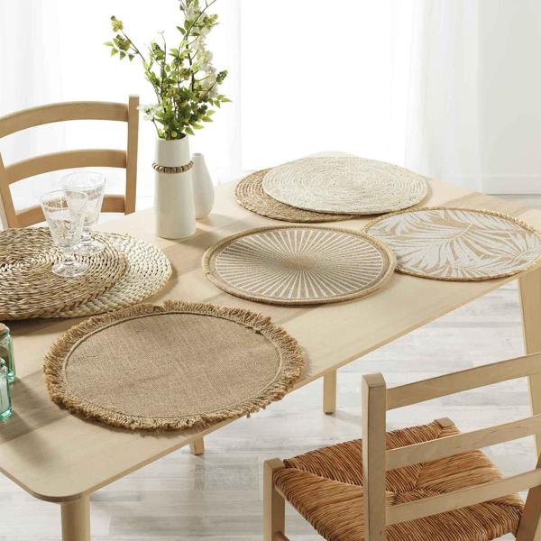 Tischsets rund Blattmuster 2er-Set - Platzdeckchen aus Jute braun/weiss - Ø 38 cm - strapazierfähig-langlebig-pflegeleicht - für Ess- & Couchtische