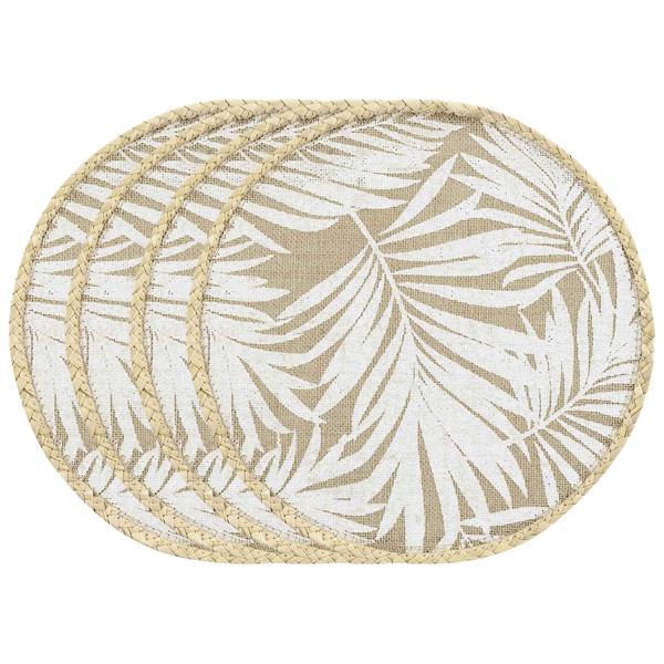 Tischsets rund Blattmuster 4er-Set - Platzdeckchen Jute braun/weiss - Ø 38 cm - Kratz-/Fleckschutz für Ess-/Couchtisch - strapazierfähig & langlebig