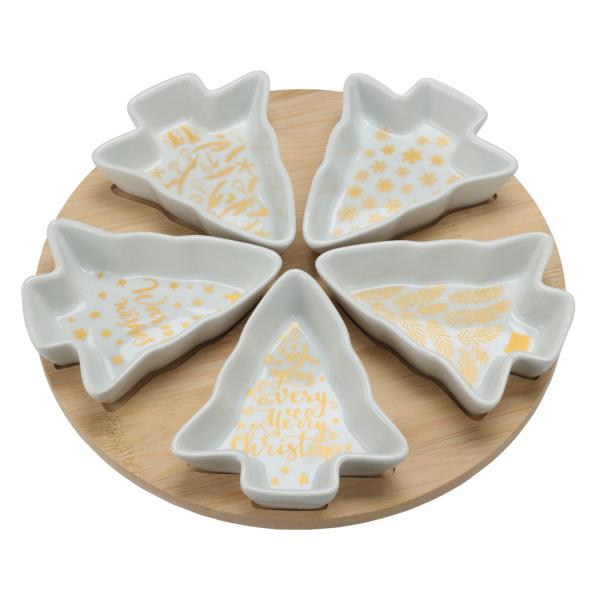 Servierset 6-teilig aus Keramik & Bambus - Tannenform Schalen für weihnachtlichen Aperitif - Ideal für Plätzchen Nüsse Dips - 26,5x26,5x50cm