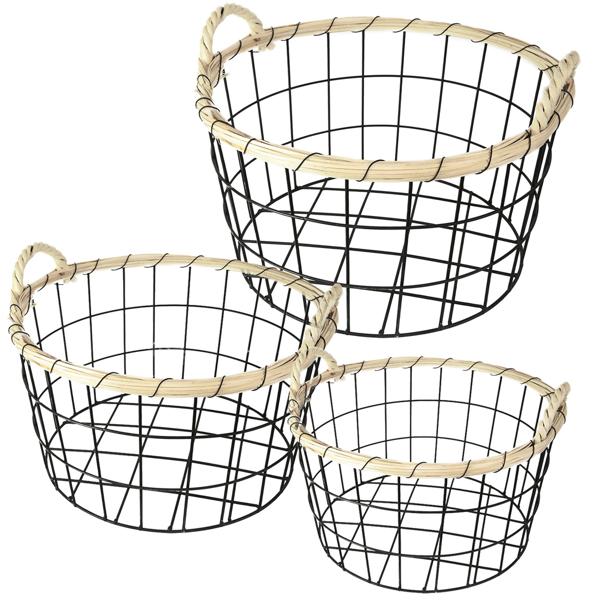 Elegantes 3er-Set Drahtkörbe mit Bambus-Rand, Ø 35/30/26cm – Dekorative & Robuste Aufbewahrungslösung – Moderner Hingucker