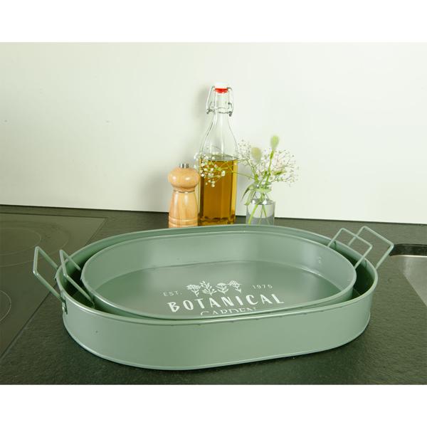 Serviertablett 2er Set aus Metall - Retro Design Grün/Weiss mit Botanical Garden Aufdruck & Kräutermotiv - Robust, oval, 39x24x7 cm