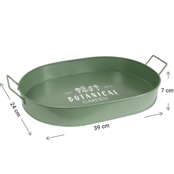 Serviertablett 2er Set aus Metall - Retro Design Grün/Weiss mit Botanical Garden Aufdruck & Kräutermotiv - Robust, oval, 39x24x7 cm
