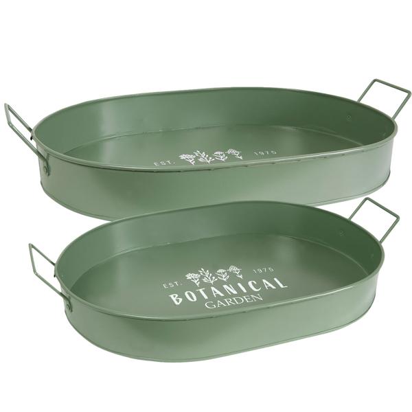 Serviertablett 2er Set aus Metall - Retro Design Grün/Weiss mit Botanical Garden Aufdruck & Kräutermotiv - Robust, oval, 39x24x7 cm