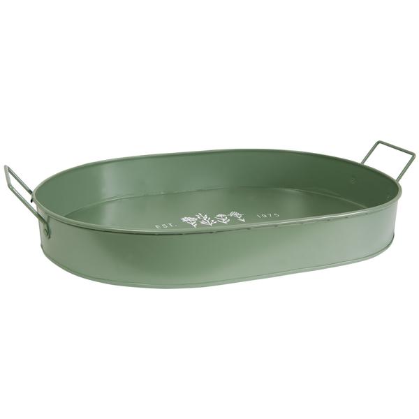 Serviertablett 2er Set aus Metall - Retro Design Grün/Weiss mit Botanical Garden Aufdruck & Kräutermotiv - Robust, oval, 39x24x7 cm