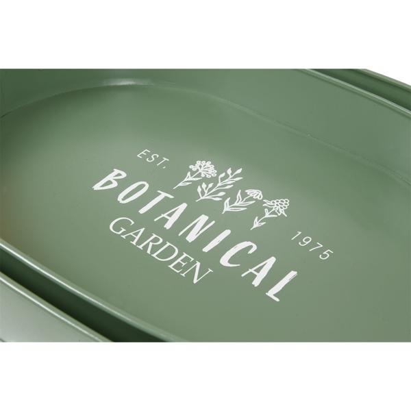 Serviertablett 2er Set aus Metall - Retro Design Grün/Weiss mit Botanical Garden Aufdruck & Kräutermotiv - Robust, oval, 39x24x7 cm