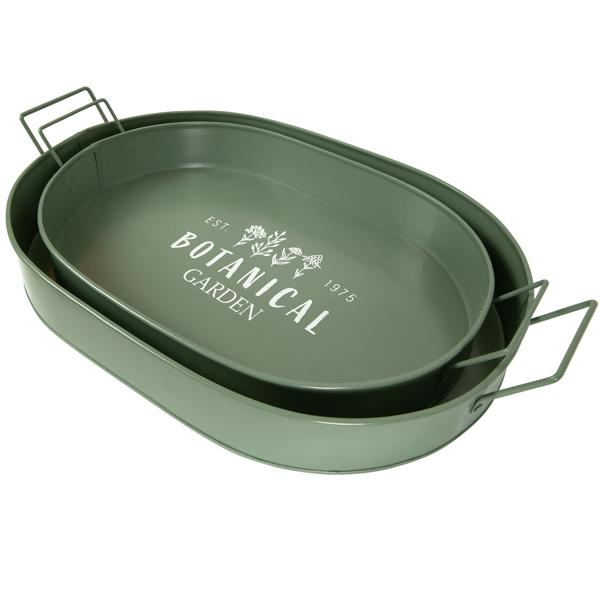 Serviertablett 2er Set aus Metall - Retro Design Grün/Weiss mit Botanical Garden Aufdruck & Kräutermotiv - Robust, oval, 39x24x7 cm