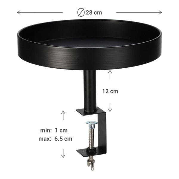 Beistelltisch zum Anklemmen - Rund, Schwarz, Ø 28x26 cm - Praktischer Balkon & Tisch Beistelltisch bis 6,5 cm Plattendicke - Robustes Metall, wetterbeständig
