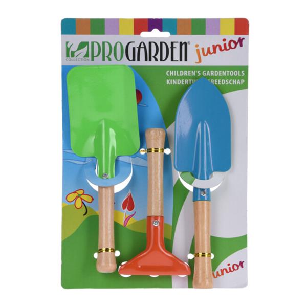 Gartenwerkzeug-Set für Kinder – Robustes 3er-Set für Garten & Sandkasten – Harke-Schippe-Schaufel aus Metall/Holz, rot-grün-blau – Langlebig & sicher