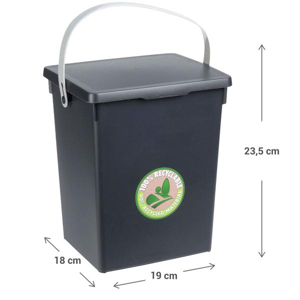 Komposteimer Kunststoff 19x18x23,5cm - Geruchsdichter Deckel & Henkel - Aus 90% recyceltem Material - Ideal für Küchenabfälle & Lagerung
